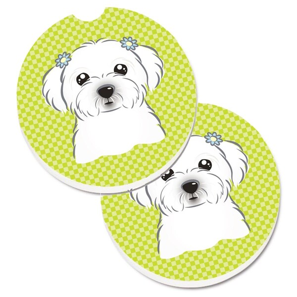 Carolines Treasures Checkerboard Lime Green Maltese Cup Holder Car Coaster, PK2 BB1270CARC - main